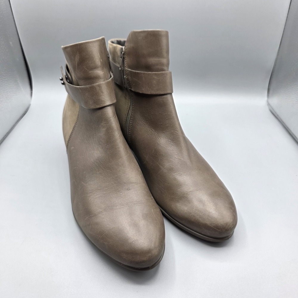 Ecco‎ Booties Womens 41 Brown Leather Ankle Boots Strap Kitten Heel Comfort Zip